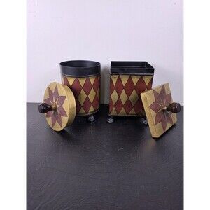 Vintage Decorative Harlequin Toleware Canister Set with Claw Feet - Pair of 2
